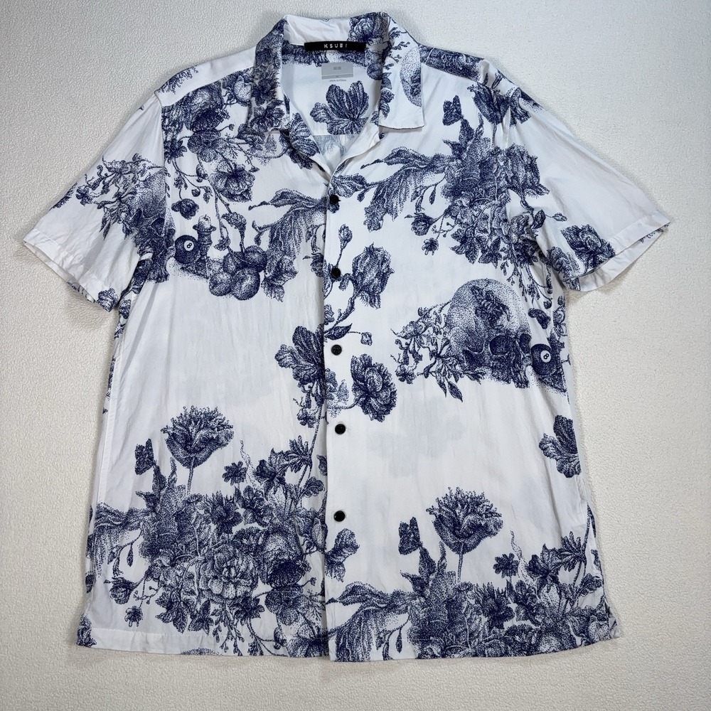Ksubi Master Resort Shirt Men's M White Navy‎ Viscose Loop Collar Button Up Camp